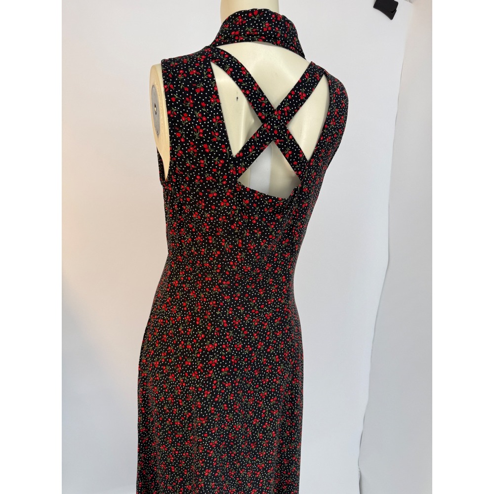 1990s Contempo Black Floral Rayon Maxi Dress Open Cross Back Grunge 8 - Picture 8 of 11